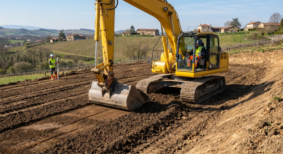 Photographie d'un chantier de terrassement professionnel montrant une pelleteuse ou un engin de chantier travaillant sur un terrain préparé, creusant ou nivelant le sol nu. Le sol doit apparaître travaillé, avec des traces d'excavation visibles. En arrière-plan, on peut voir un paysage naturel ou urbain environnant. L'image doit transmettre la solidité et la rigueur d'une préparation de terrain professionnelle pour aménagement ultérieur.