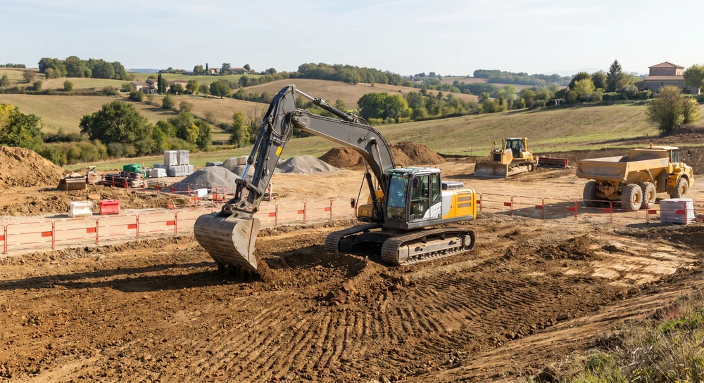 Chantier de terrassement en extérieur avec pelleteuse hydraulique sur chenilles de couleur jaune positionnée en bordure d'excavation