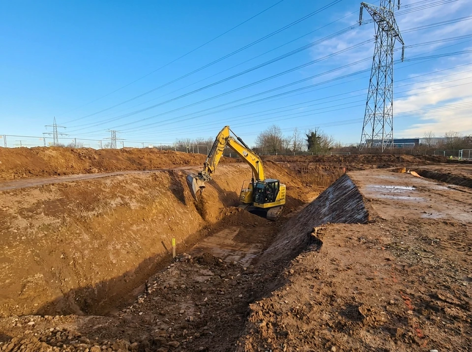 Deux ouvriers équipés de casques de sécurité orange travaillent à genoux sur un chantier extérieur, effectuant des opérations de maintenance ou réparation sur une canalisation bleue enterrée dans le sol sablonneux