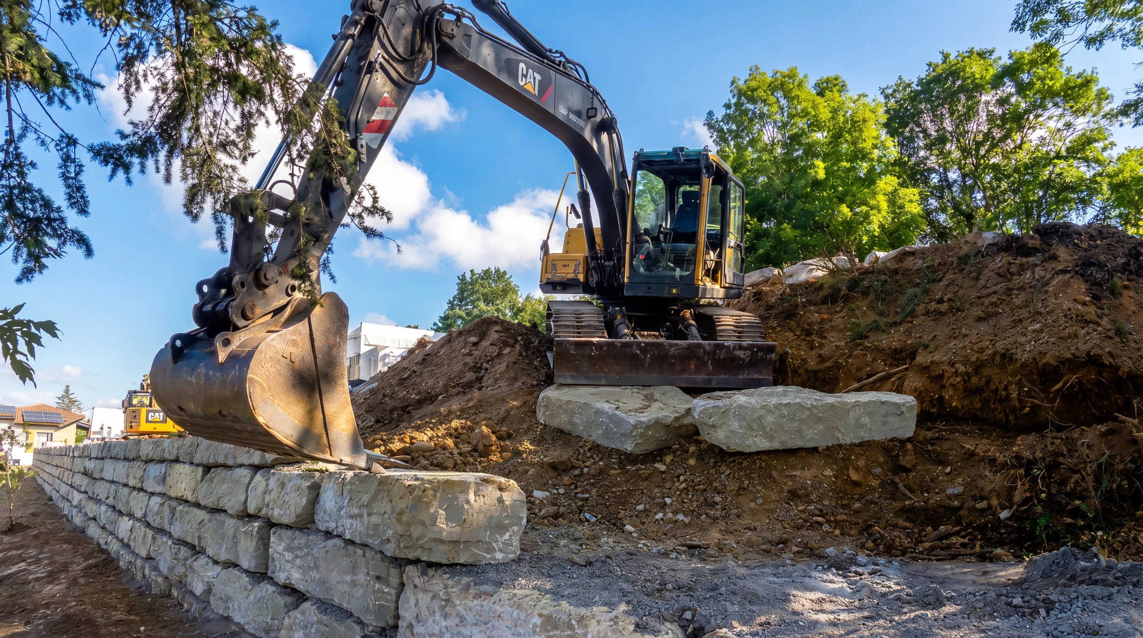 Chantier de terrassement en extérieur avec pelleteuse hydraulique sur chenilles de couleur jaune positionnée en bordure d'excavation