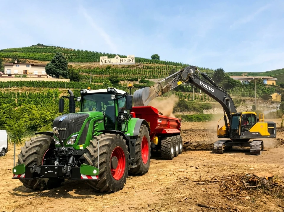Chantier de terrassement en extérieur avec pelleteuse hydraulique sur chenilles de couleur jaune positionnée en bordure d'excavation