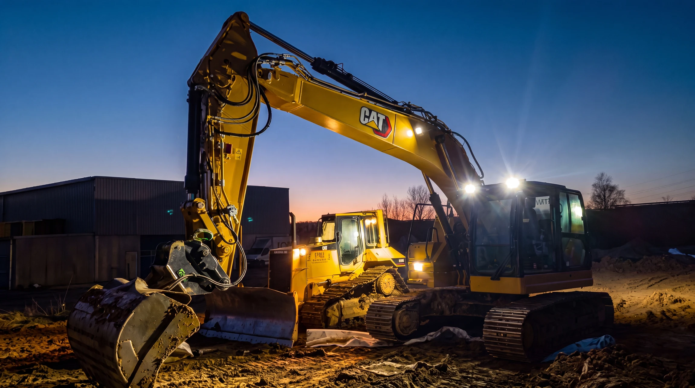 Chantier de terrassement en extérieur avec pelleteuse hydraulique sur chenilles de couleur jaune positionnée en bordure d'excavation
