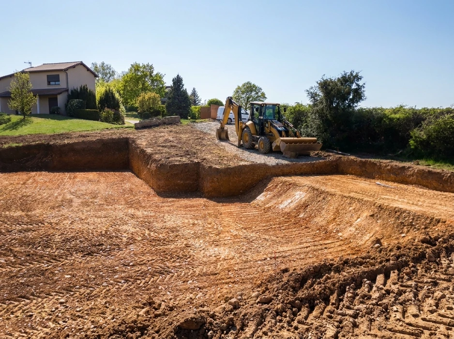 Chantier de travaux publics en extérieur avec tranchées ouvertes et réseau de canalisations