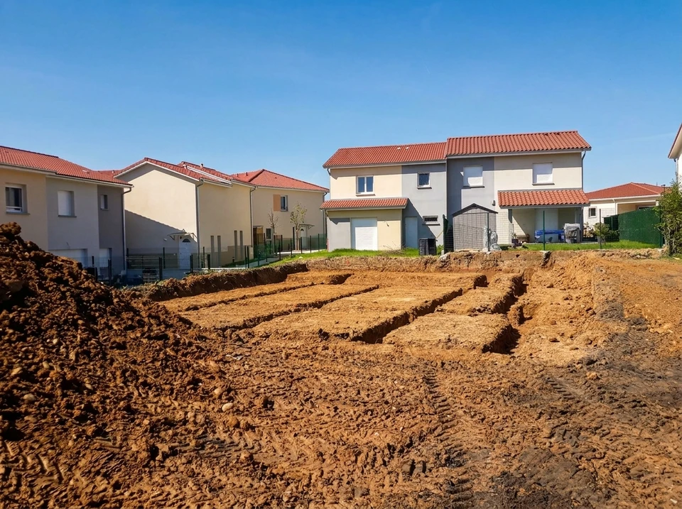 Chantier de construction extérieur avec ouvrier en équipement de sécurité observant les travaux