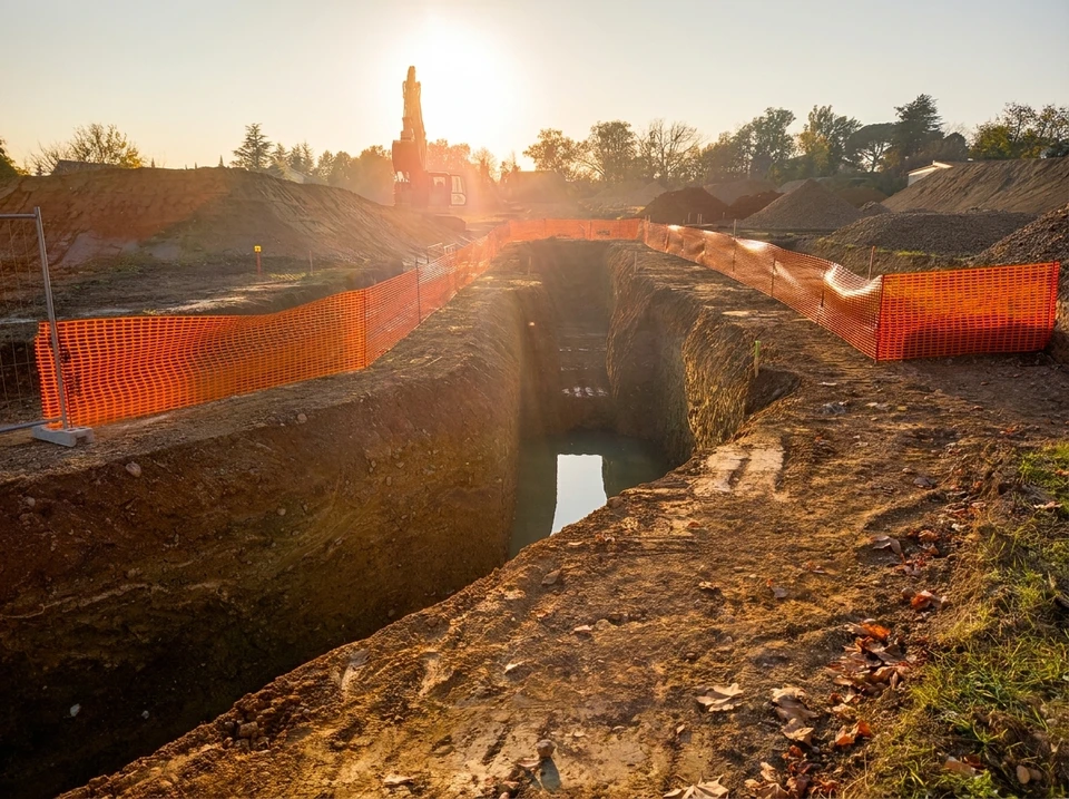Chantier de voirie urbaine avec ouvriers en équipements de sécurité haute visibilité effectuant des travaux de canalisation